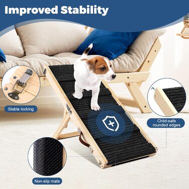 Складана дерев'яна пандус для собак – для ліжка, дивана, авто. Регульована висота 25-52 см, довжина 83 см, ширина 35 см, антиковзка поверхня