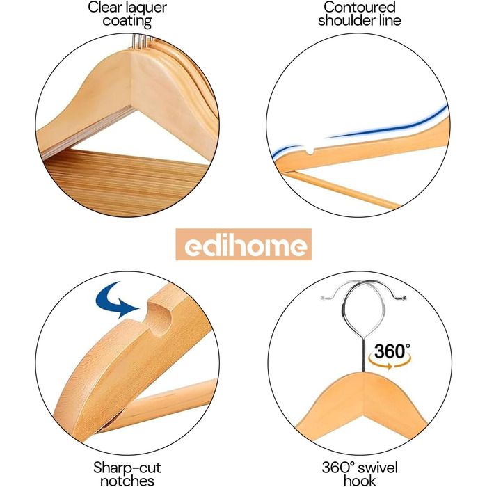 Вішалки для одягу Edihome, дерев'яні, набір з 20 шт., з неслизьким тримачем для штанів, вирізами для плечей, поворотним гачком 360°, для костюмів, сорочок