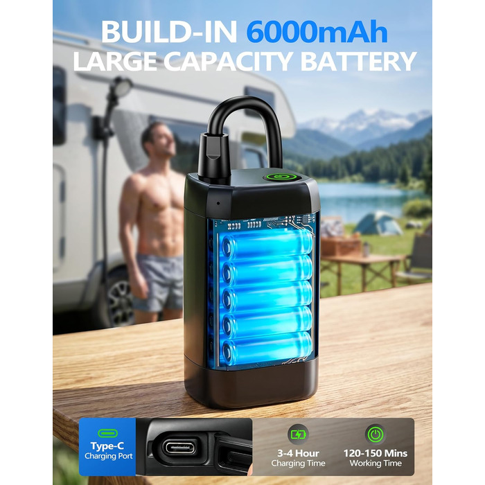 LuxBlue Переносний акумуляторний душ для кемпінгу з насосом 6000mAh: мобільний душ для душу на відкритому повітрі, кемпінгу, з LED-дисплеєм температури та рівня заряду