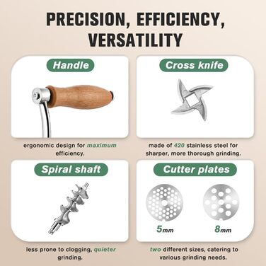 М'ясорубка ручна Huanyu з нержавіючої сталі, насадки для ковбас та печива, миється в посудомийній машині (№8, №10)