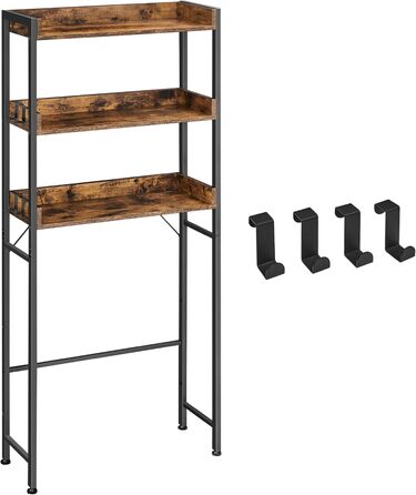 VASAGLE Toilet Shelf, 3 Tiers, Bathroom Shelf, Space-Saving, Easy to Assemble, for Laundry Room, Industrial Style, Rustic Brown and Black, BTS002B01