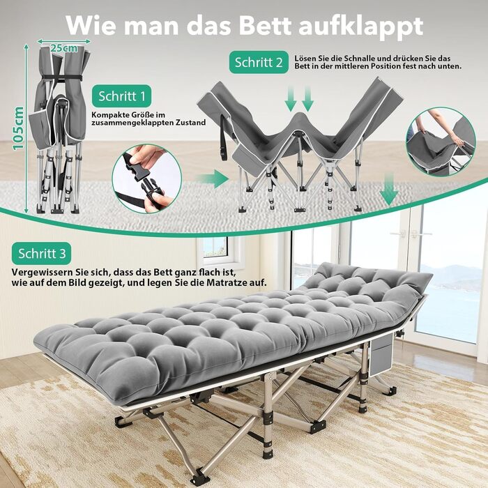 Розкладне ліжко Feldbett з матрацом, до 208 кг, сіре, XL 190x71x35 см - для кемпінгу, саду, пляжу, гостей