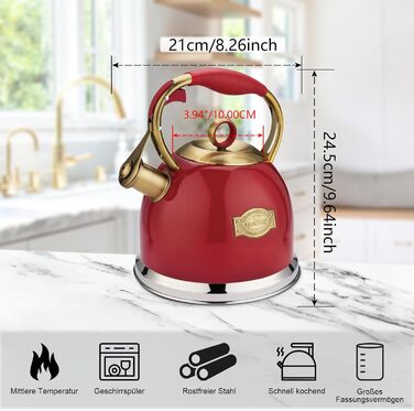 Чайник-свисток 3л з нержавіючої сталі, з термостійкою ручкою, для індукційних плит (червоний)