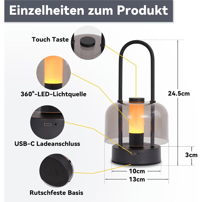 LED настільна лампа Homefire з регулюванням яскравості - акумуляторна, USB-C, 1800K-6500K, метал+акрил, чорна, з функцією пам'яті, для дому (портативна)