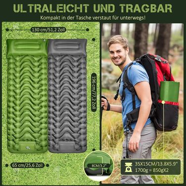 Self-Inflating Camping Mat with Integrated Support Belt - Durable & Moisture-Resistant Travel Pad for Camping, Indoor/Outdoor Use, Hiking (196x130x9cm)
