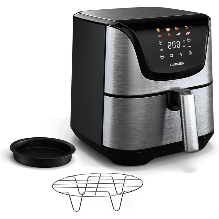 Klarstein AeroVital Deluxe Hot Air Fryer – 5.4L Airfryer, 1700W, Touch Display, 8 Programs, Non-Stick Coating, Grill Rack & Pizza Pan, Cool-Touch Housing, Timer & Temperature Control, Stainless Steel Hot Air Fryer + Basic Accessory Set