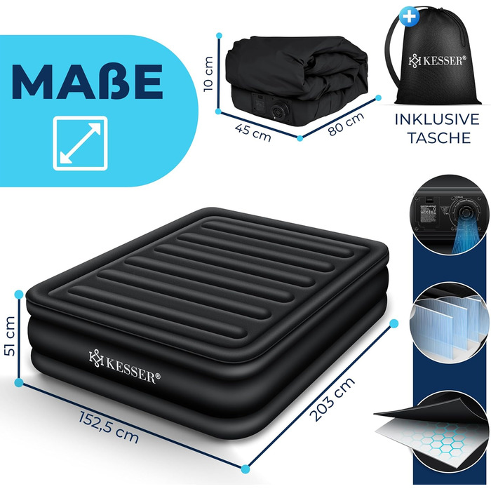 Надувний матрац KESSER® з електричним насосом, самонадувний, для гостей, кемпінгу та дому. Розмір: 203 x 95 x 51 см, чорний, на 1 особу.
