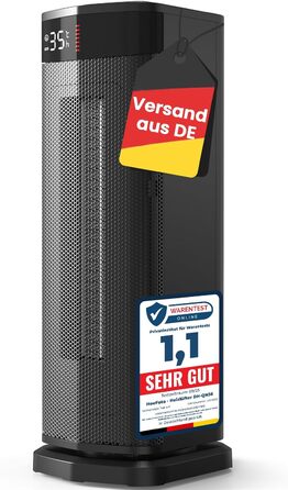 Електричний обігрівач 2000W з економічним споживанням, тихий, з таймером 24 години, осциляція 90°, захист від перекидання та перегріву, чорний