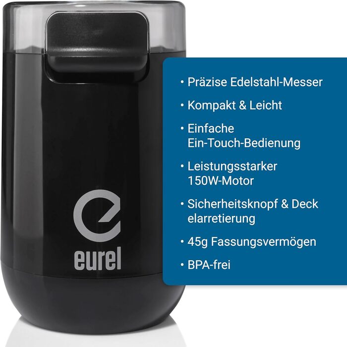 Електрична кавомолка EUREL KMA з нержавіючого сталі, змінний помел, компактний дизайн, 45г – чорний колір