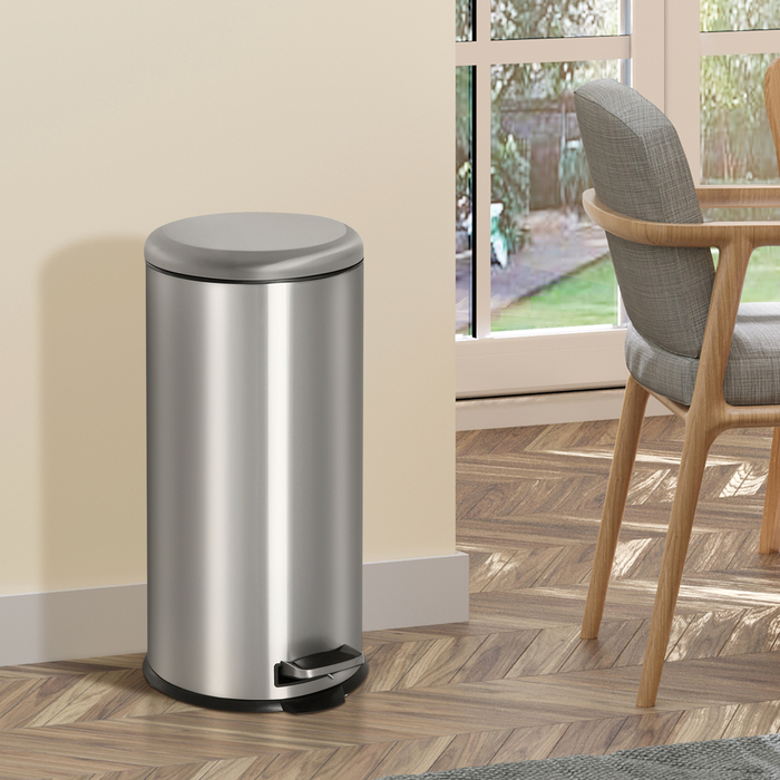 HOMCOM 30L Stainless Steel Pedal Bin with Inner Bucket, Flip Lid, Hygienic and Silver for Kitchen and Bathroom