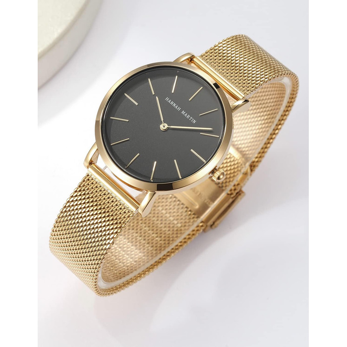 Жіночий годинник Hannah Martin: аналоговий кварц, водонепроникний, з нержавіючої сталі, ультратонкий, сітка-браслет (чорний корпус, золотий браслет)