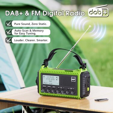 Радіо DAB/DAB+/UKW з вбудованим акумулятором 5000mAh, сонячне радіо, радіо для надзвичайних ситуацій з USB-зарядкою, радіо для кемпінгу з LED-ліхтариком, SOS-сигналом, портативне радіо з ручним приводом для активного відпочинку (зелене)
