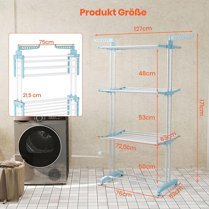 Сушарка для білизни GOPLUS 4-ярусна розкладна з 2 вішалками для одягу, 3 висувними полицями та полицею для взуття, з 4 колесами для використання в приміщенні та на вулиці (Синій колір)