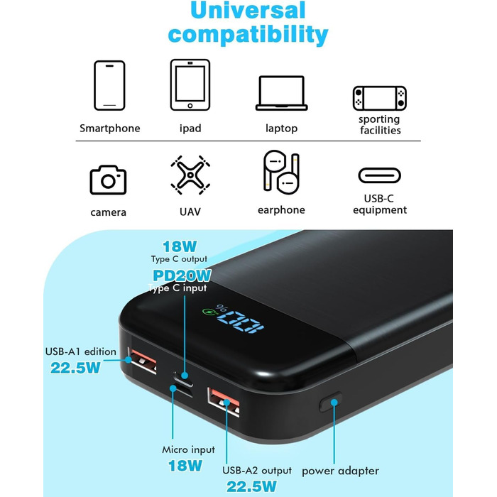 Power Bank 27000mAh 22.5W PD3.0 QC4.0 USB-C: Зовнішній акумулятор для смартфонів, планшетів та інших пристроїв з LCD дисплеєм