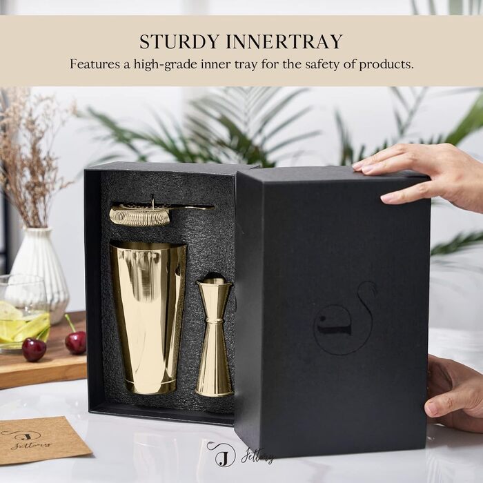 Boston Shaker Set - 4-Piece Cocktail Shaker Kit with 18/28 oz Boston Shaker Stainless Steel, Strainer, and Jigger, in a Stylish Gift Box - Ideal for Home Bar Use. (Gold)