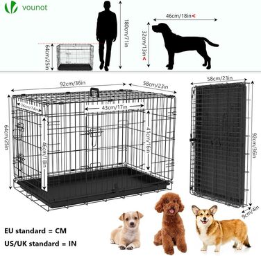 Клітка для собак VOUNOT, розкладна з кришкою, 122x75x81 см, чорна. Автомобільна переноска для собак, з подвійними дверцятами та знімною підстілкою. XXL, 92x58x64 см (без кришки)