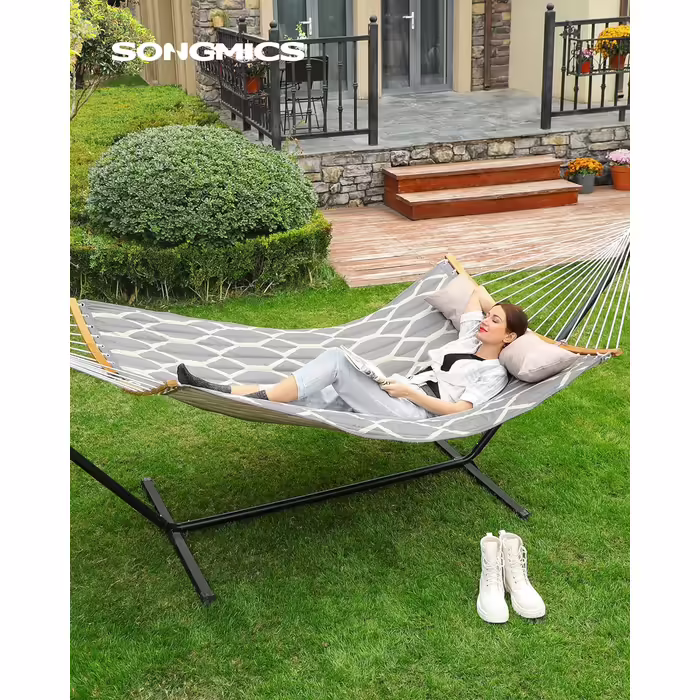 SONGMICS Hammock, Padded, Quilted, with Detachable Curved Bamboo Poles, with Headrest, 200 x 140 cm, Supports up to 225 kg, Gray and Beige Diamond Pattern GDC034G02