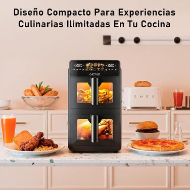 Фритюрниця без олії з 2 камерами на 10 літрів, Airfryer з 2 відсіками по 5л, тиха робота, 10 програм, приготування 2 страв одночасно, з оглядовим вікном, 3D циркуляція повітря