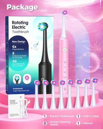 Електрична зубна щітка Rotierende для дорослих з 8 насадками, 4 режимами чищення, 60 днями роботи від акумулятора та розумним таймером 2 хв - професійна (Рожева)
