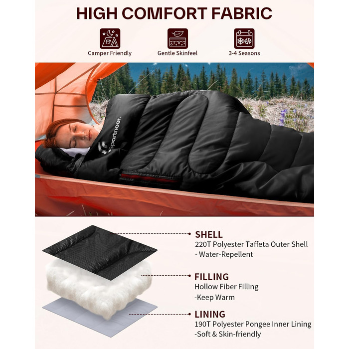 Сплячий мішок Sportneer Outdoor - ковдровий спальний мішок 3-4 сезони для дорослих, теплий, для кемпінгу, подорожей та активного відпочинку, 200x85 см, чорний