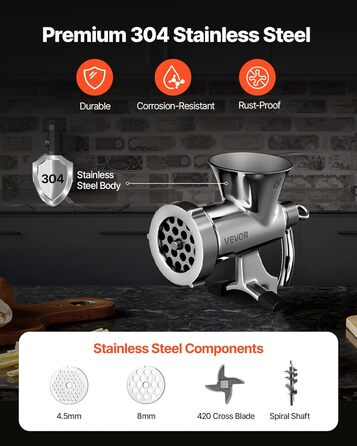 М'ясорубка ручна VEVOR з нержавіючої сталі 304, з присоскою для столу та насадками для ковбас (4.5/8 мм, 4 насадки)