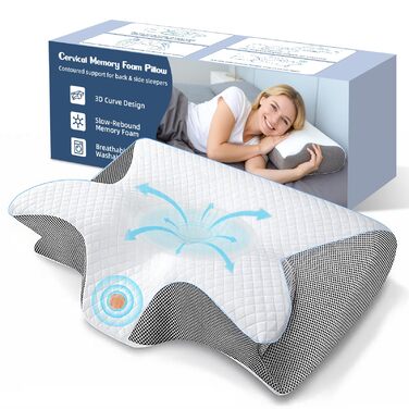 Ортопедична подушка для шиї SaiXuan з Memory Foam. Ергономічна 3D подушка для спини та тих, хто спить на боці. Регульована висота 60×35×7.5/11.5 см. Дихаючий, пральний чохол.