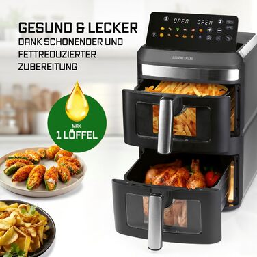 Фритюрниця повітряна Gourmetmaxx AirGenius 9 л (2 x 4,5 л) з 8 програмами | 2 камери для приготування 2 страв одночасно | Сенсорний дисплей | Для 8 осіб