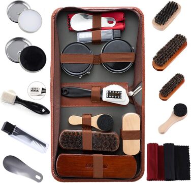 FGXY Shoe Care Set, 11-Piece Shoe Care Kit Shoe Polishing Travel Set with Brush Horsehair Shoe Cream Wood Applicator Brushes Shoehorn (11 Pcs)