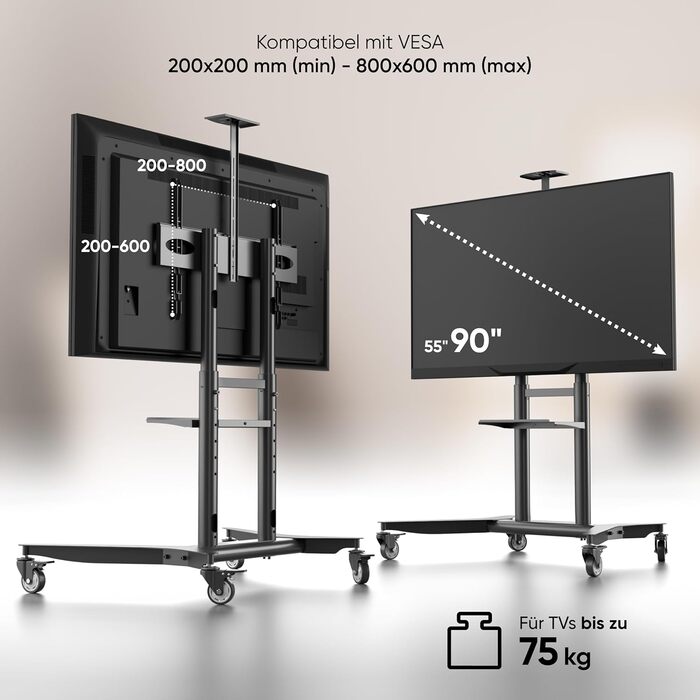 ONKRON Mobile TV Stand - Adjustable Height, VESA 600x400 - Fits 32-75 inch Flat & Curved TVs up to 60kg