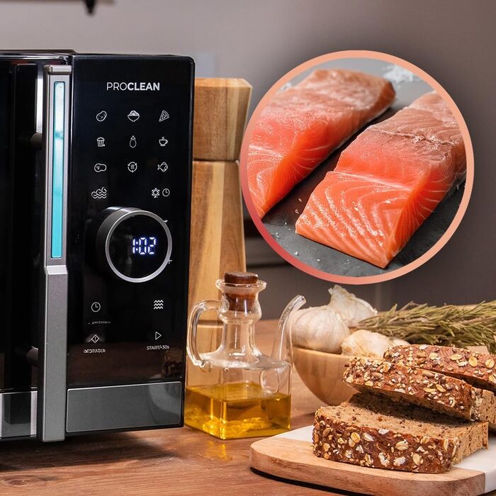 Мікрохвильова піч Cecotec Proclean 6120 з сенсорним екраном, грилем, 23 л, 800/1000 Вт, цифрова, рівномірне нагрівання, 5 рівнів потужності, функція розморожування, таймер 60 хв, обертовий піднос 285 мм