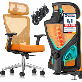 Офісне крісло KESSER® ергономічне з регульованими підлокітниками, поворотне з підтримкою попереку, з підголівником. Функція гойдання до 125° та 5 роликів. Оранжевий/срібний колір.