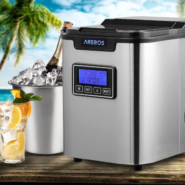 Машина для приготування льоду Arebos | 12 кг/24 год | Швидке виробництво (10-15 хв) | 3 розміри кубиків | 2.2 л резервуар | Таймер, LCD дисплей, самоочищення