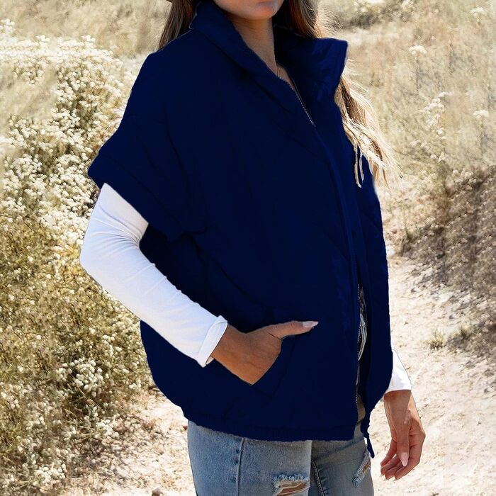 Жіноча степвеста, еко-шкіра, зі стійким коміром, без рукавів, на блискавці, осінь-зима, стильна верхня одяг (XL, темно-синій)