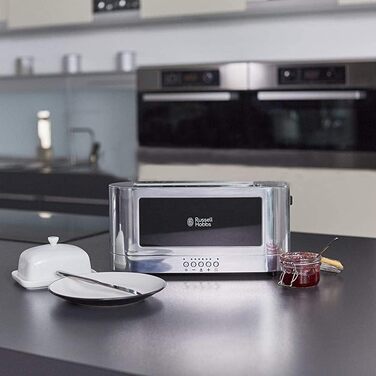 Russell Hobbs Toaster [Slot for 2 slices / 1 wide slice of bread] Elegance Glass/Stainless Steel (extra wide toast slot, including bun attachment, 6 browning levels + defrost & reheat function) 23380-56