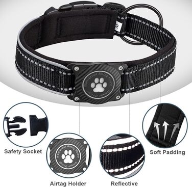 Світловідбиваючий нашийник для собак AirTag, водонепроникний, середній розмір (30.5-38 см), чорний
