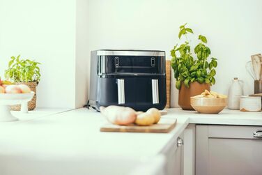 Сендвічна аерофритюрниця SEVERIN FR 2453, 2 x 3,8 л, 2850 Вт, 8 програм, подвійна безжирова фритюрниця з функцією сушіння, чорна/срібляста, XXL, для здорового приготування їжі