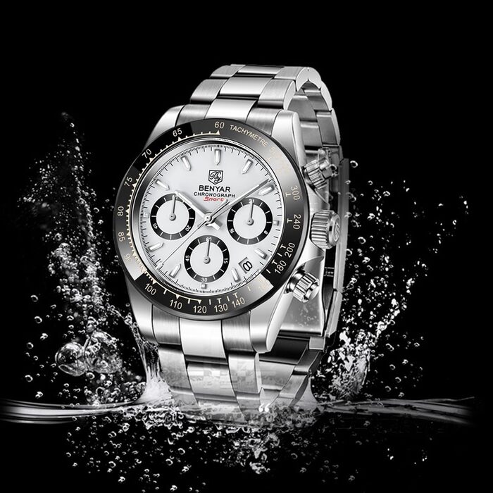 Чоловічий годинник BENYAR: Хронограф, кварцовий механізм, водонепроникний, з нержавіючої сталі, для бізнесу, спорту та відпочинку (срібний)