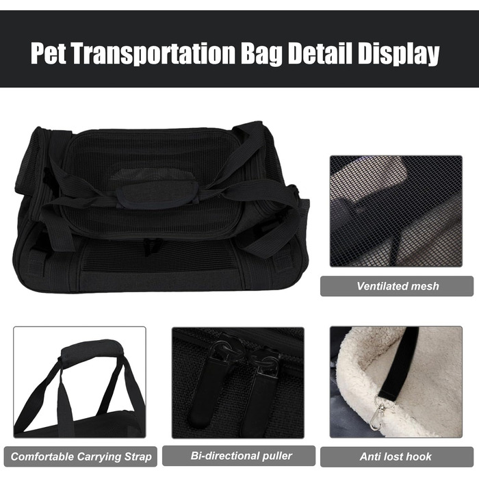 Транспортна сумка для тварин з підстилкою з флісу, чорна. Підходить для котів та собак до 10 кг