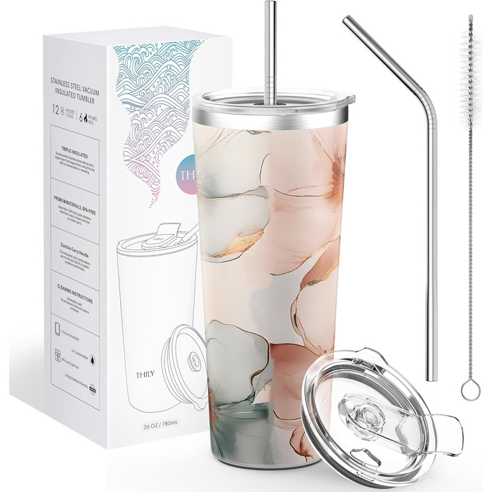 Термос THILY 780 мл з нержавіючої сталі, 2 шт. (Золотий мармур + Синій мармур) – ізольований, для кави та напоїв