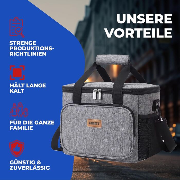 Сумка-холодильник NEMT 15L (сіра) з 2 акумуляторами холоду - для пікніків, обідів, подорожей та покупок