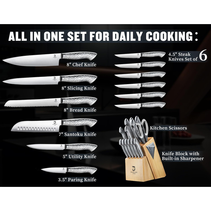 Dragon Riot 14-Piece Self-Sharpening Knife Set with Block - Professional Japanese Stainless Steel Kitchen Knives, Ergonomic Grip, 30cm
