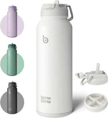 BOTTLE BOTTLE Insulated Water Bottle with Straw, Sports Stainless Steel Water Bottle with Handle Lid, Outdoor Sports Bottle for Pills, 1L (White)