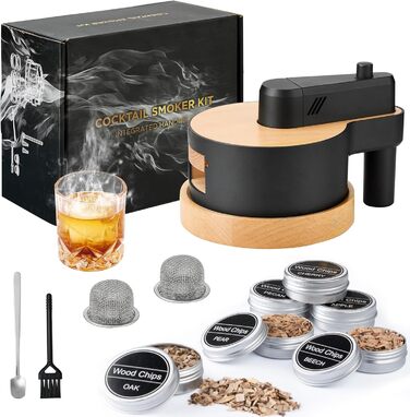 Набір для копчення віскі: 6 видів тирси, дубовий smoker з основою, 2 металеві фільтри, комплект для віскі та Old Fashioned, подарунок для чоловіків (без бутану)