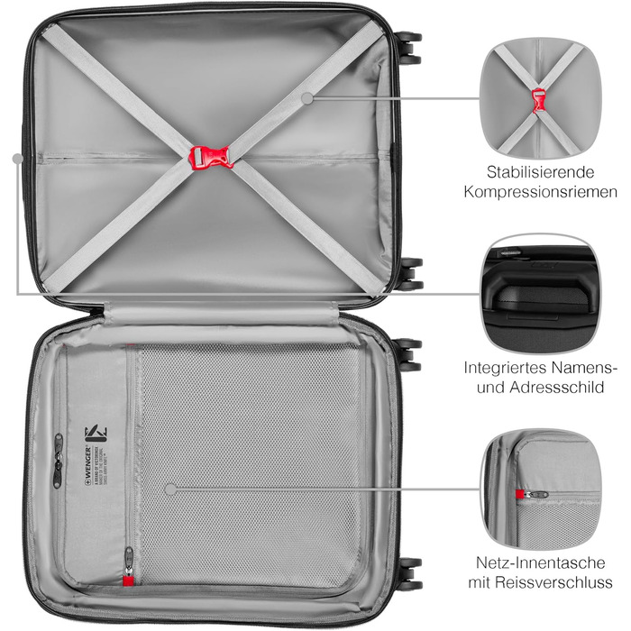 WENGER Pryo Hard Shell Suitcase with 4 Wheels, Trolley, Medium Size, 59 (67) L, Security Lock, for Men, Travel Vacation, 612537 (Black, Carry-On)