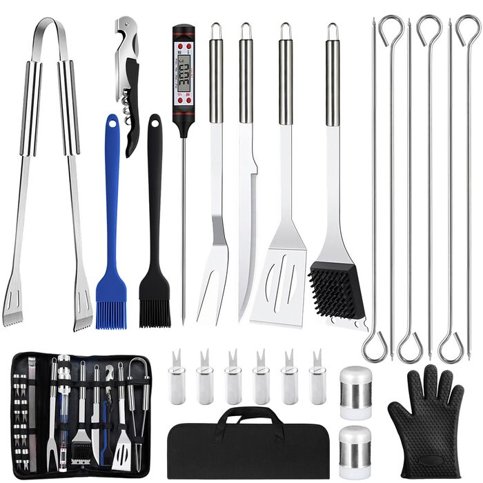 Набір аксесуарів для гриля NXPZ з нержавіючої сталі, 27 предметів. Професійний набір для гриля, з сумкою для зберігання. Для кемпінгу, пікніків, саду та походів.