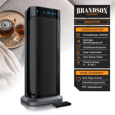 Обігрівач Brandson з пультом керування, енергозберігаючий, тихий, керамічний - для ванної кімнати, з функцією осциляції, 2 режими нагріву, таймер, висока безпека, чорний