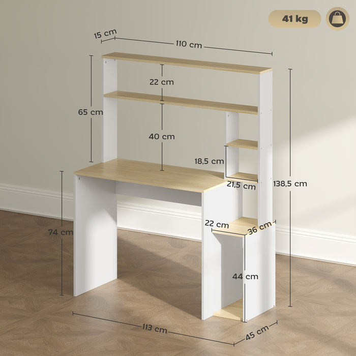 HOMCOM Desk 113 x 45 cm Computer Desk Office Desk with Open Shelves, CPU Stand, Steel Frame for Home Office, Bedroom Oak | Aosom