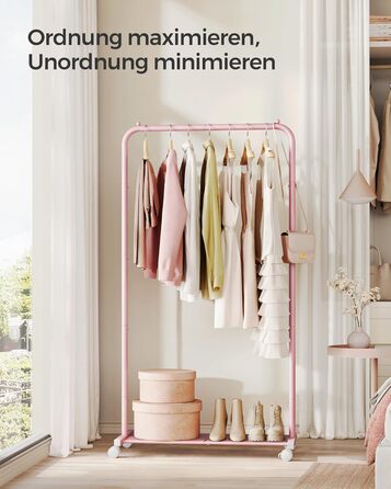 SONGMICS Clothes Rack, Rolling Garment Rack, Metal Wardrobe Stand, Rolling Wardrobe 91 cm wide, with Shelf, 2 Swivel Wheels with Brake, Rod Load Capacity up to 40 kg, HSR025A01 (Pastel Pink, 74x40.5x158cm)