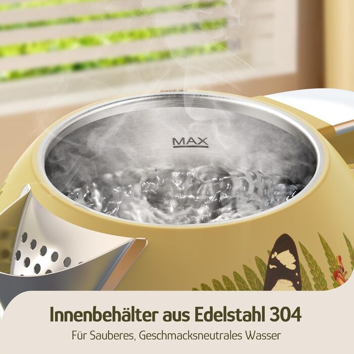 Електричний чайник Hazel Quinn Schneller 1.7л, 2200W, нержавіюча сталь 304, швидкий кип'ятіння, автоматичне вимкнення, захист від сухого кип'ятіння, вінтажний дизайн, BPA-free, перловий білий (жовтий з квітковим візерунком)