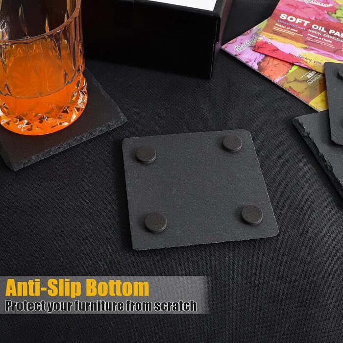 24 Round Slate Coasters, VIBRATITE 10.2 cm, Black Slate Coasters with Scratch-Resistant Bottom for Drinks, Bar, Kitchen, Home Decor (6 Piece Square)